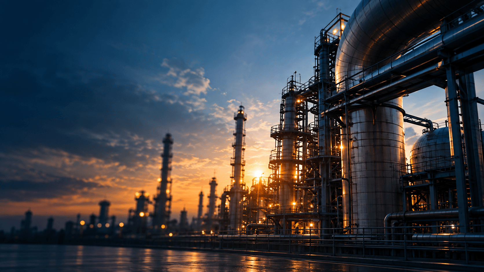 Industrial pipework illuminated at sunset